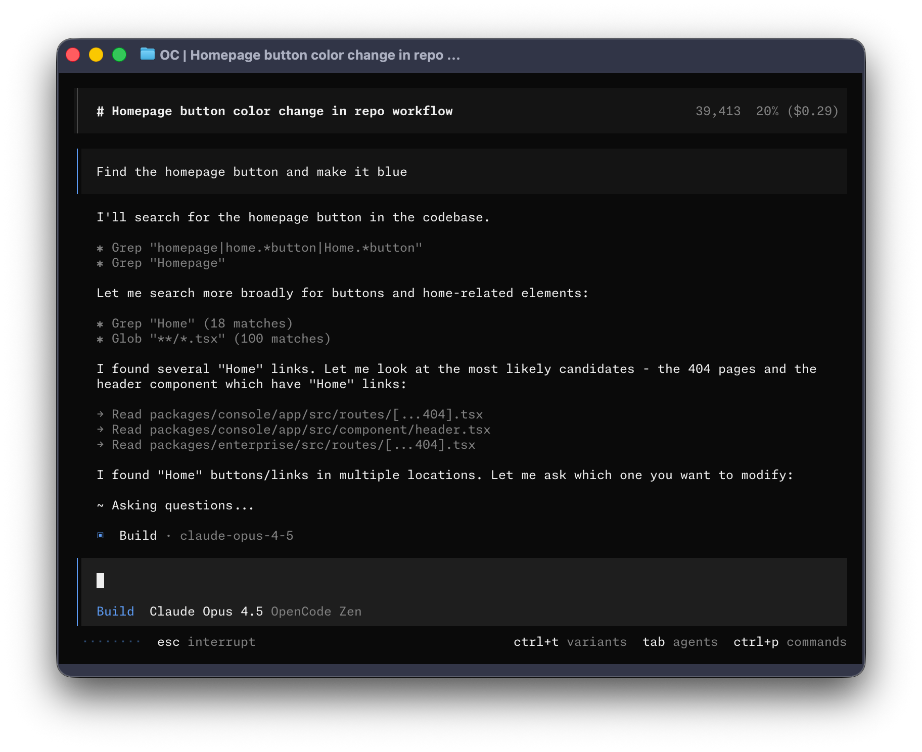 OpenCode session still with Build agent and status line